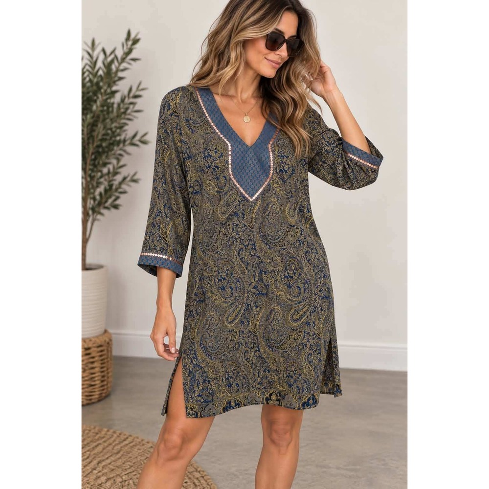 M.A.C Women XXL Blue Gold Paisley Jacquard Kurti Dress Sequin Trim Tunic Top